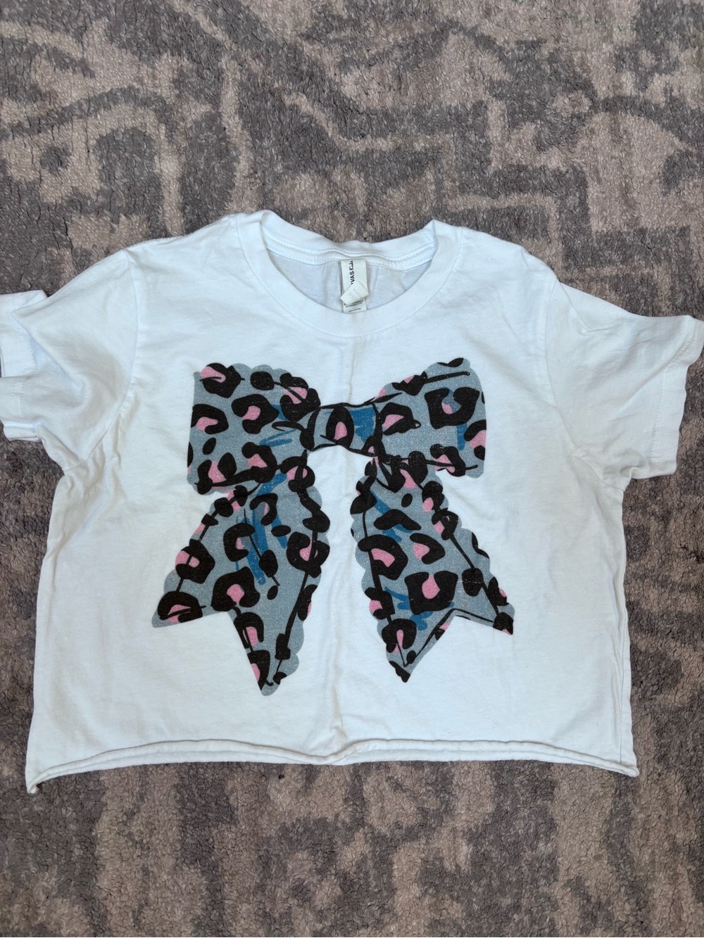 Bella Canvas White Kids Tee with Leopard Bow Graphic - Pink & Blue Accents